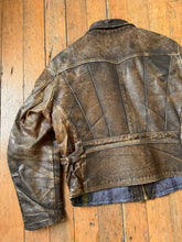 Load image into Gallery viewer, vintage 1940s sunburst belted back leather jacket