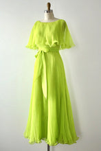 Load image into Gallery viewer, vintage 1970s acid green chiffon maxi dress
