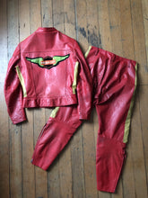 Load image into Gallery viewer, vintage 1970s Kawasaki motorcycle leather riding outfit jacket and pants