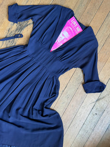 vintage 1940s 50s navy rayon low cut dress {m}