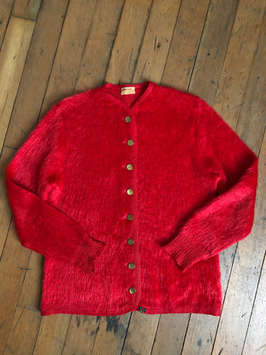 vintage 1960s red mohair shaggy cardigan