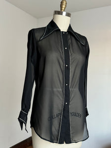 vintage 1970s sheer black dagger collar shirt {m}