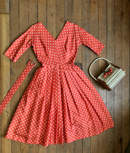 Load image into Gallery viewer, vintage 1950s orange silk polka dot dress {s}