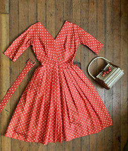 vintage 1950s orange silk polka dot dress {s}