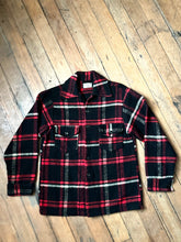 Load image into Gallery viewer, vintage 1950s 60s red plaid wool shirt jacket