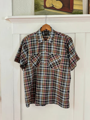 vintage 1960s plaid short sleeve button up shirt - loop collar