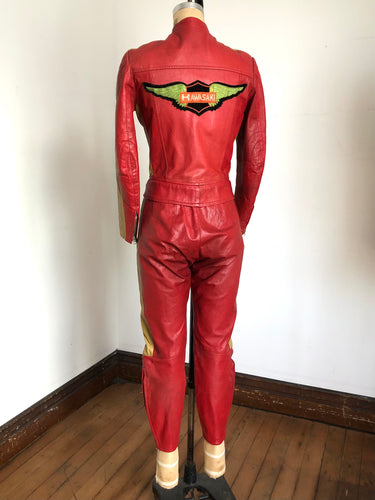 vintage 1970s Kawasaki motorcycle leather riding outfit jacket and pants