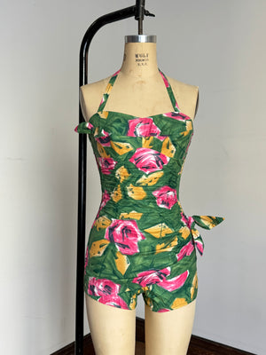 vintage 1950s cotton floral swimsuit {xs}