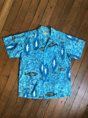 vintage 1950s fish print cotton button up shirt