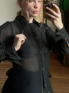 vintage 1970s sheer black dagger collar shirt {m}