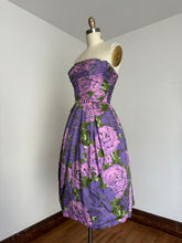 Load image into Gallery viewer, vintage 1950s purple roses dress {xs}