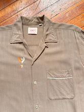 Load image into Gallery viewer, vintage 1950s brown long sleeve rayon shirt with loop collar