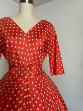 Load image into Gallery viewer, vintage 1950s orange silk polka dot dress {s}