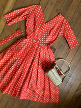 Load image into Gallery viewer, vintage 1950s orange silk polka dot dress {s}