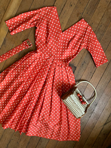 vintage 1950s orange silk polka dot dress {s}