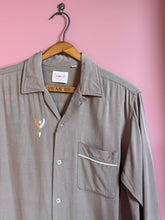 Load image into Gallery viewer, vintage 1950s brown long sleeve rayon shirt with loop collar