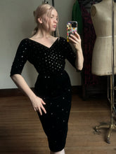 Load image into Gallery viewer, vintage 1950s rhinestone velvet wiggle dress {xxs}