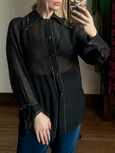 vintage 1970s sheer black dagger collar shirt {m}