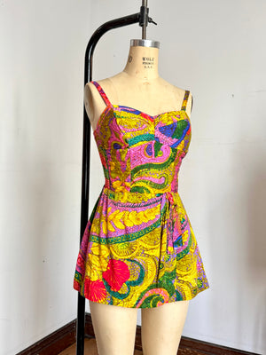 vintage 1960s floral pink Hawaiian sarong romper {s-m}