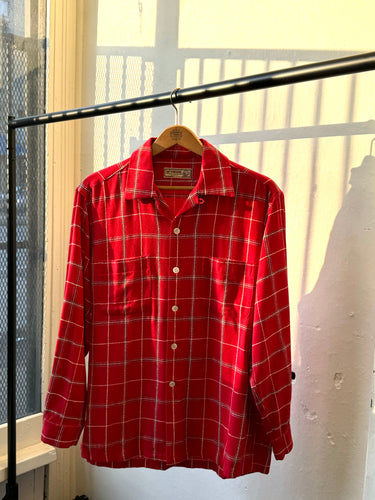 vintage 1950s red wool plaid long sleeve shirt