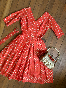 vintage 1950s orange silk polka dot dress {s}