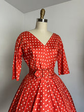 Load image into Gallery viewer, vintage 1950s orange silk polka dot dress {s}