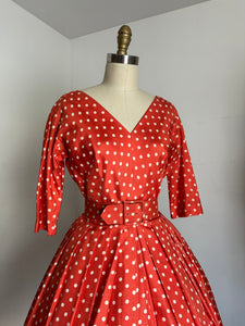 vintage 1950s orange silk polka dot dress {s}