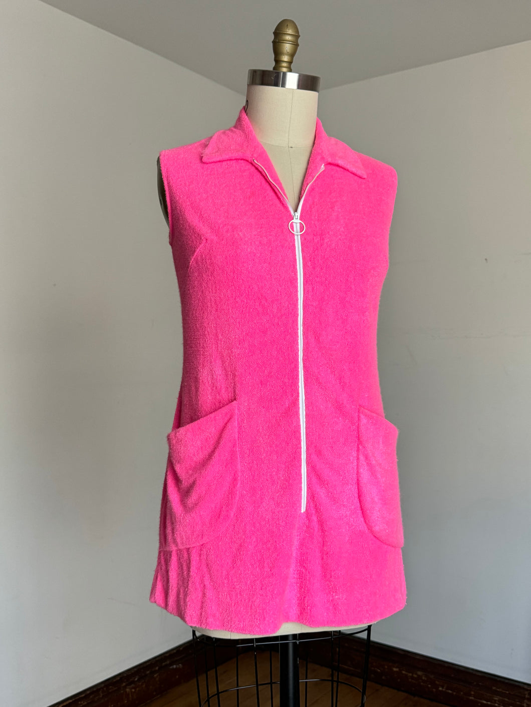 vintage 1960s pink terrycloth mini dress beach cover up {m-L}