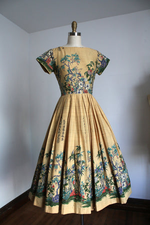 vintage 1950s Millworth Lute Song botanical bamboo dress {xs}