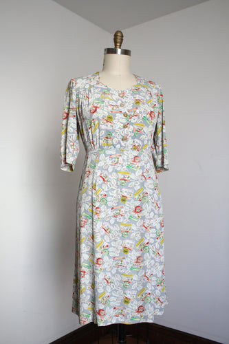 vintage 1940s novelty flower cart dress {L}