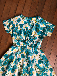 vintage 1950s blue floral dress {s/m}