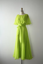 Load image into Gallery viewer, vintage 1970s acid green chiffon maxi dress