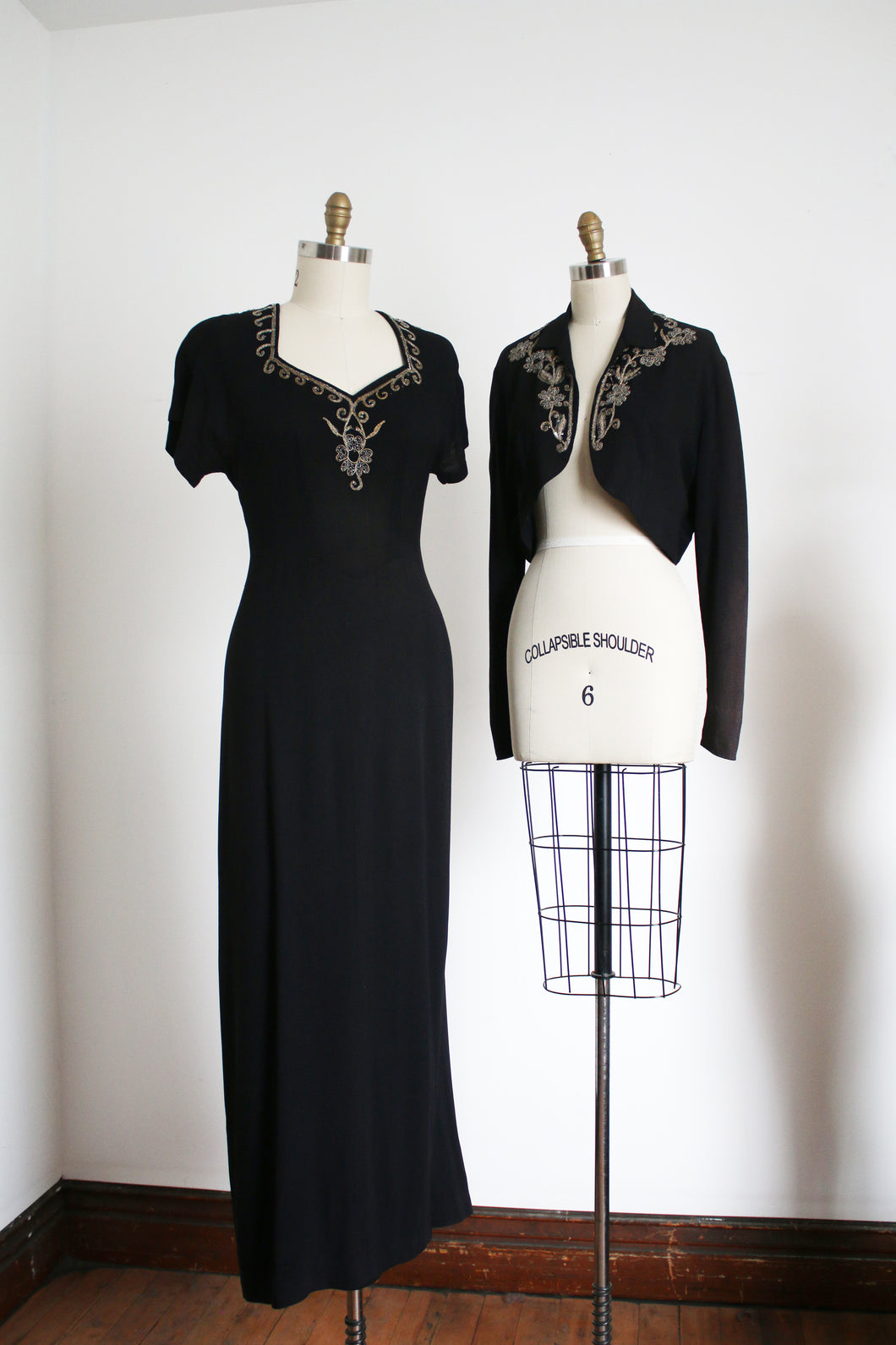 Vintage 1920s Crepe & Lace Gown Black Evening Dress, fits 36 inch bust