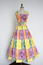 Load image into Gallery viewer, vintage 1950s novelty Stamp dress