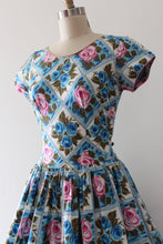 Load image into Gallery viewer, vintage 1950s rose print cotton dress
